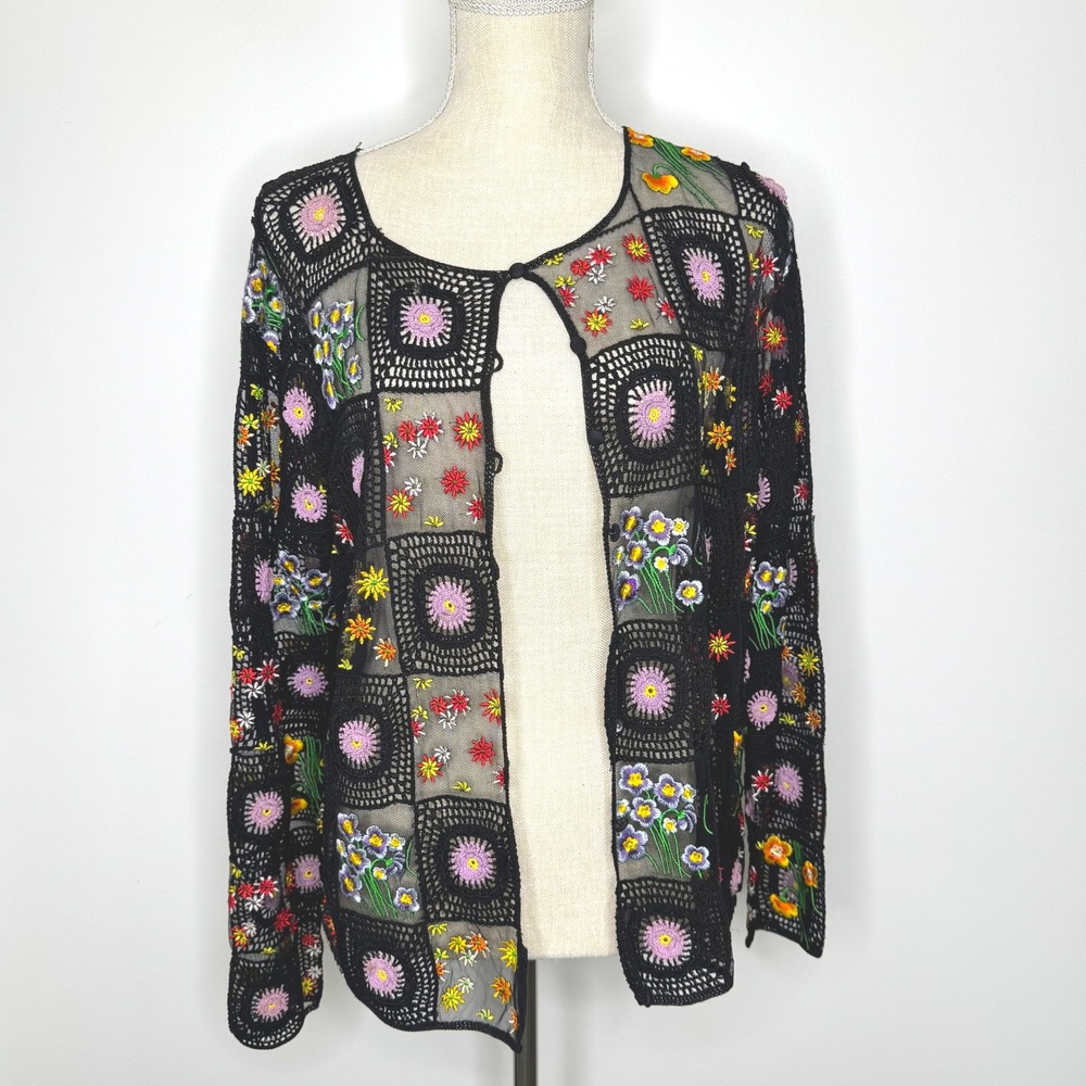 Lisa crocheted square sheer floral‎ embroidered cardigan